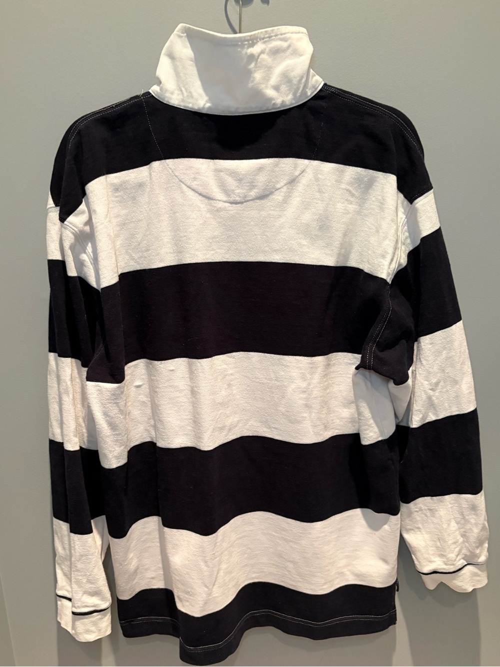 Mens Rugby Shirt Large Black White Striped Preppy Blokecore Long Sleeve Polo - Picture 7 of 9
